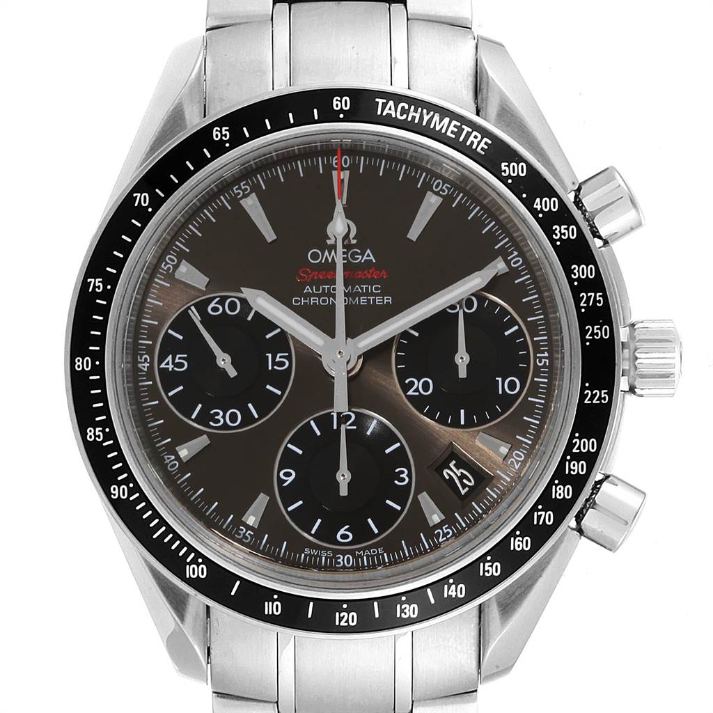 The image shows a frontal view of the Omega Speedmaster 323.30.40.40.06.001 Men
s Stainless Steel Grey Dial 323.30.40.40.06.001 Men
s Stainless Steel Grey Dial watch, featuring its dial, subdials, tachymeter bezel, and stainless steel bracelet.