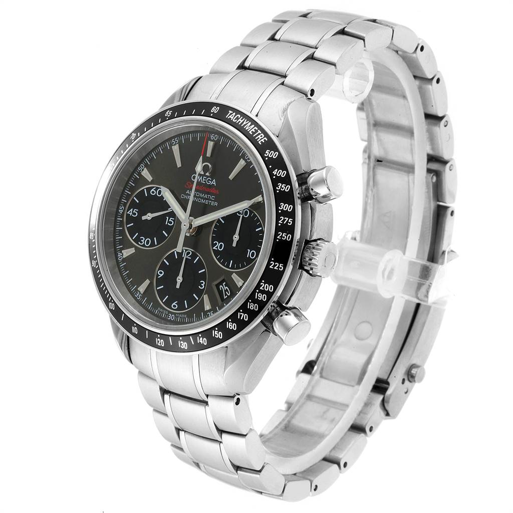 The Omega Speedmaster 323.30.40.40.06.001 Men
s Stainless Steel Grey Dial 323.30.40.40.06.001 Men
s Stainless Steel Grey Dial watch is shown at a three-quarter angle, highlighting its dial, bezel, and metal bracelet.