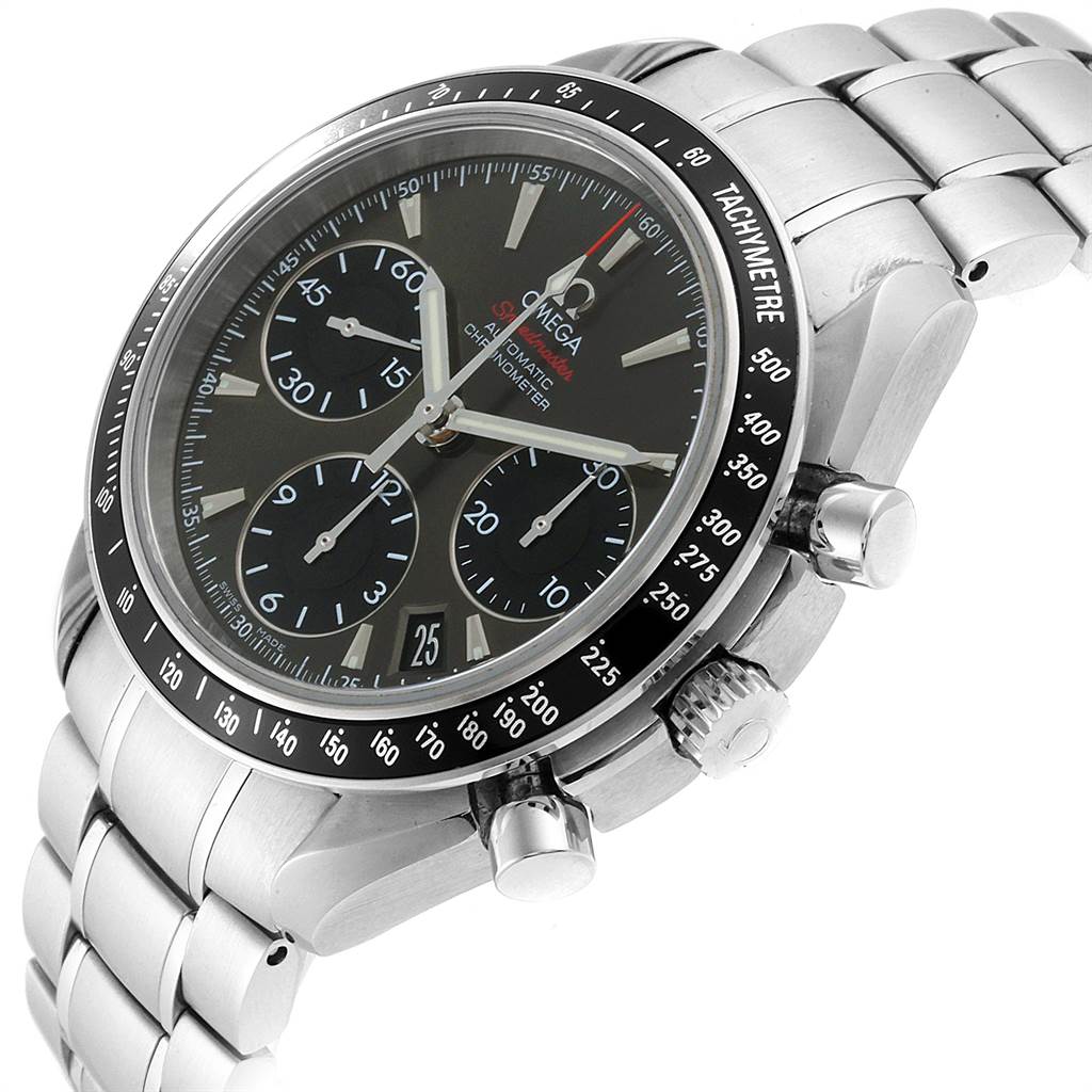 This Omega Speedmaster 323.30.40.40.06.001 Men
s Stainless Steel Grey Dial 323.30.40.40.06.001 Men
s Stainless Steel Grey Dial watch is shown from a high three-quarter angle, highlighting its face, bezel, and stainless steel bracelet.