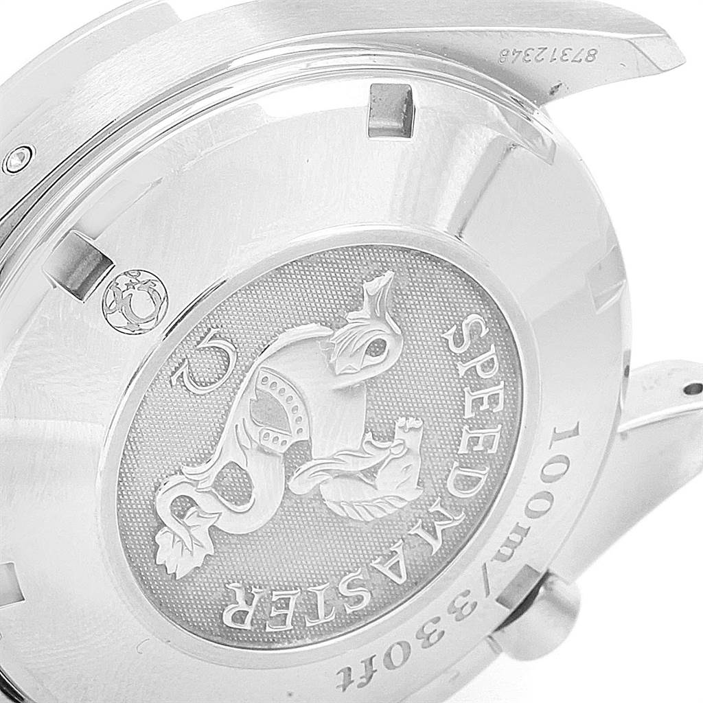 The image shows the case back of an Omega Speedmaster 323.30.40.40.06.001 Men
s Stainless Steel Grey Dial 323.30.40.40.06.001 Men
s Stainless Steel Grey Dial watch, featuring the embossed Speedmaster logo and water resistance details.