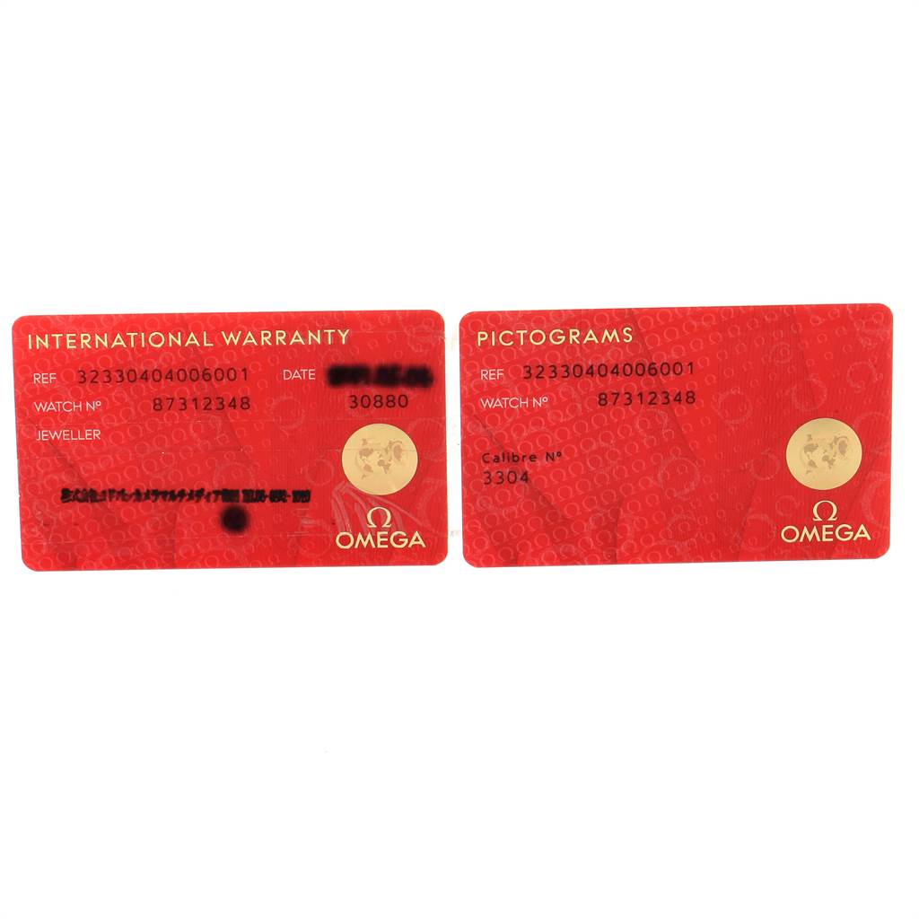 The image shows the International Warranty and Pictograms cards for an Omega Speedmaster 323.30.40.40.06.001 Men
s Stainless Steel Grey Dial 323.30.40.40.06.001 Men
s Stainless Steel Grey Dial watch.