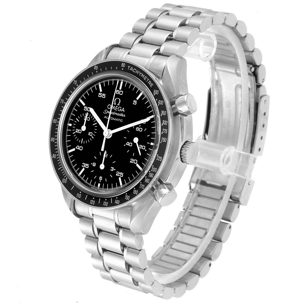 The Omega Speedmaster 3510.50.00 Men
s Stainless Steel Black Dial 3510.50.00 Men
s Stainless Steel Black Dial watch is shown at a three-quarter angle, displaying its face, bezel, crown, pushers, and metal bracelet.
