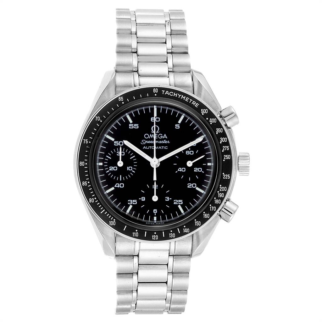 The image shows a front view of the Omega Speedmaster 3510.50.00 Men
s Stainless Steel Black Dial 3510.50.00 Men
s Stainless Steel Black Dial watch, displaying its face, bezel, and stainless steel bracelet.