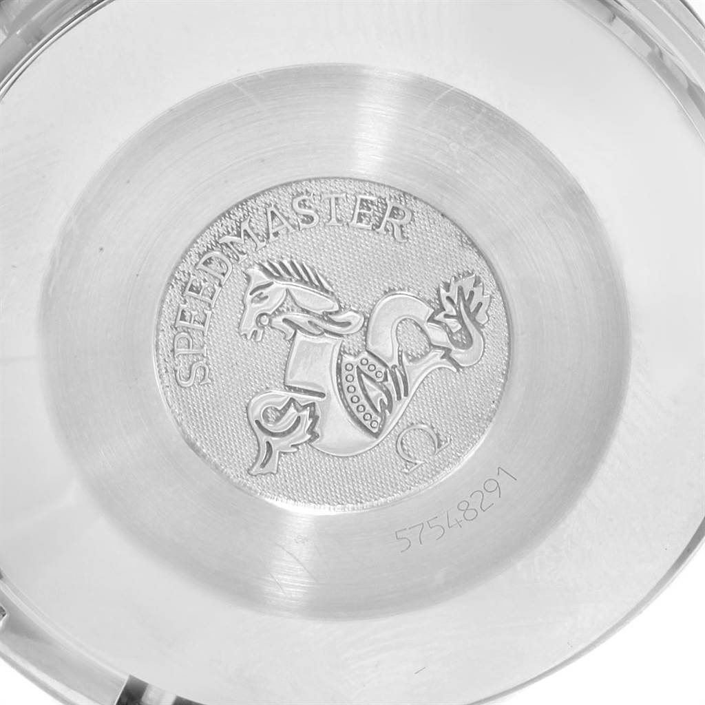 The image shows the case back of an Omega Speedmaster 3510.50.00 Men
s Stainless Steel Black Dial 3510.50.00 Men
s Stainless Steel Black Dial watch.