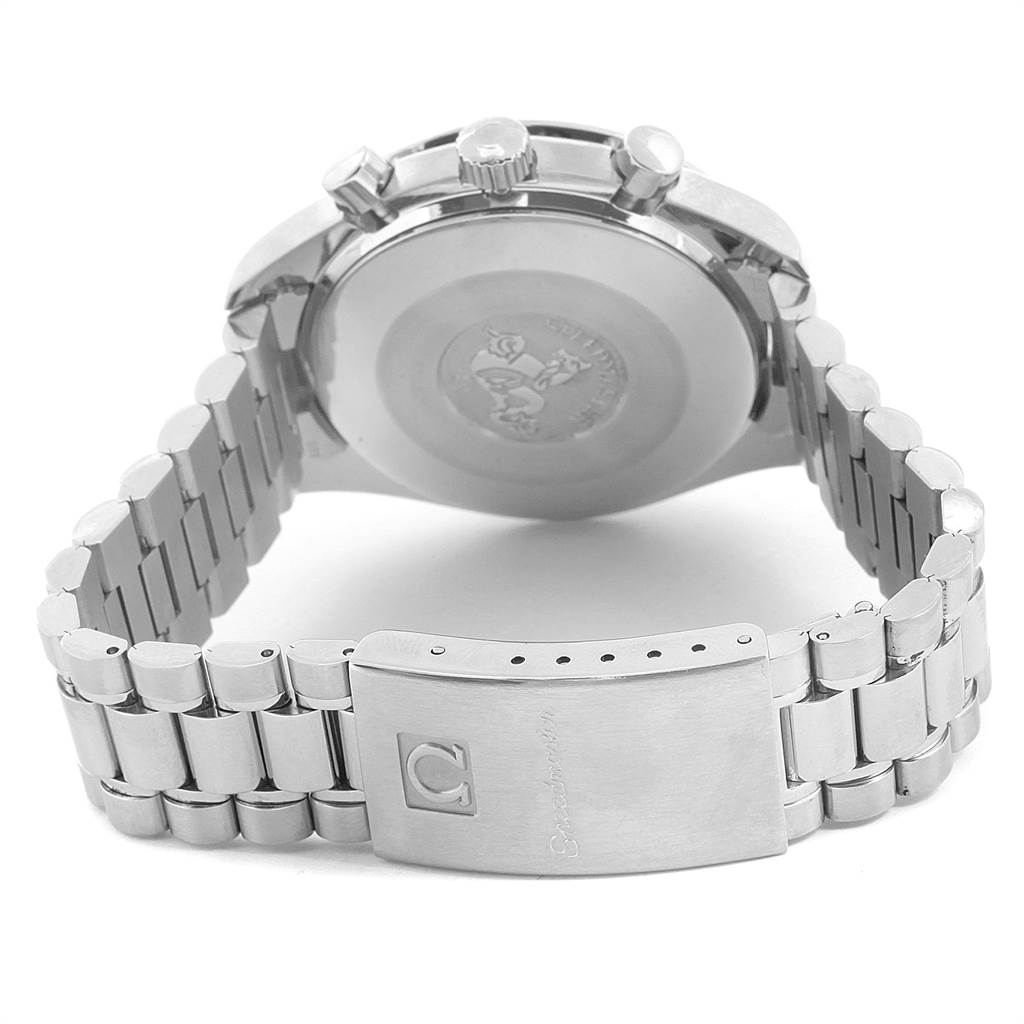 The image shows the back and bracelet of an Omega Speedmaster 3510.50.00 Men
s Stainless Steel Black Dial 3510.50.00 Men
s Stainless Steel Black Dial watch, highlighting the clasp and case back.