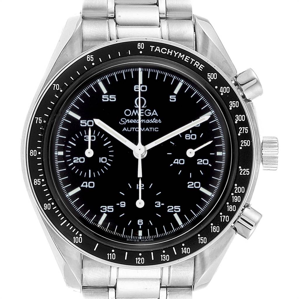 The image shows a front view of an Omega Speedmaster 3510.50.00 Men
s Stainless Steel Black Dial 3510.50.00 Men
s Stainless Steel Black Dial watch, displaying its dial, bezel, and stainless steel bracelet.