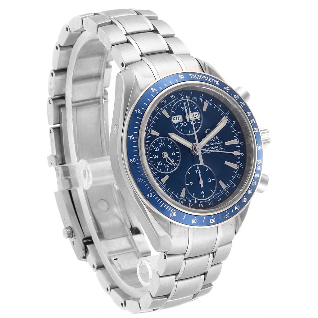 The image shows a side angle of the Omega Speedmaster 3222.80.00 Men
s Stainless Steel Blue Dial 3222.80.00 Men
s Stainless Steel Blue Dial watch, highlighting its blue dial, tachymeter bezel, and metal bracelet.