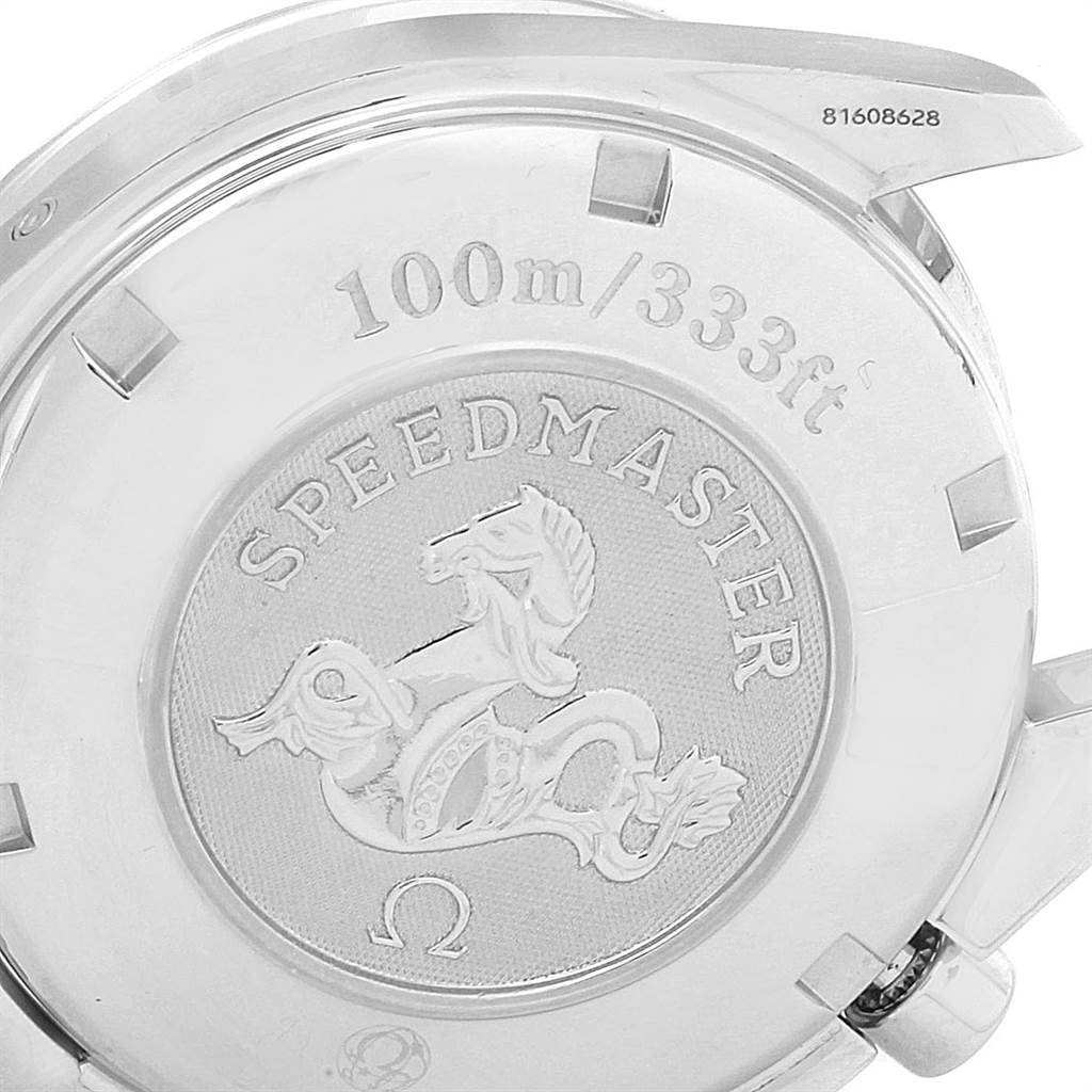 The image shows the back case of an Omega Speedmaster 3222.80.00 Men
s Stainless Steel Blue Dial 3222.80.00 Men
s Stainless Steel Blue Dial watch, featuring the model name, water resistance rating, and the Omega logo.