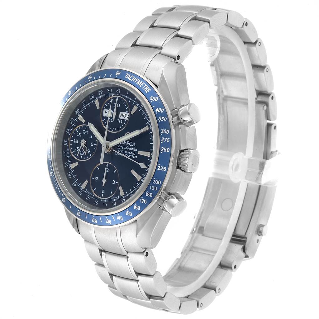 The Omega Speedmaster 3222.80.00 Men
s Stainless Steel Blue Dial 3222.80.00 Men
s Stainless Steel Blue Dial watch is shown at an angle displaying its face, three sub-dials, crown, pushers, and bracelet.