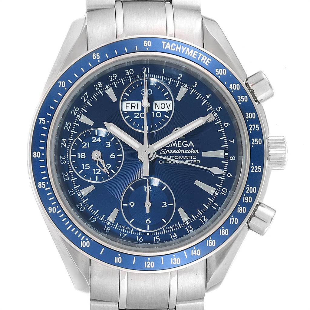 This image shows a frontal view of an Omega Speedmaster 3222.80.00 Men
s Stainless Steel Blue Dial 3222.80.00 Men
s Stainless Steel Blue Dial watch, highlighting its blue dial, tachymeter bezel, and stainless steel bracelet.