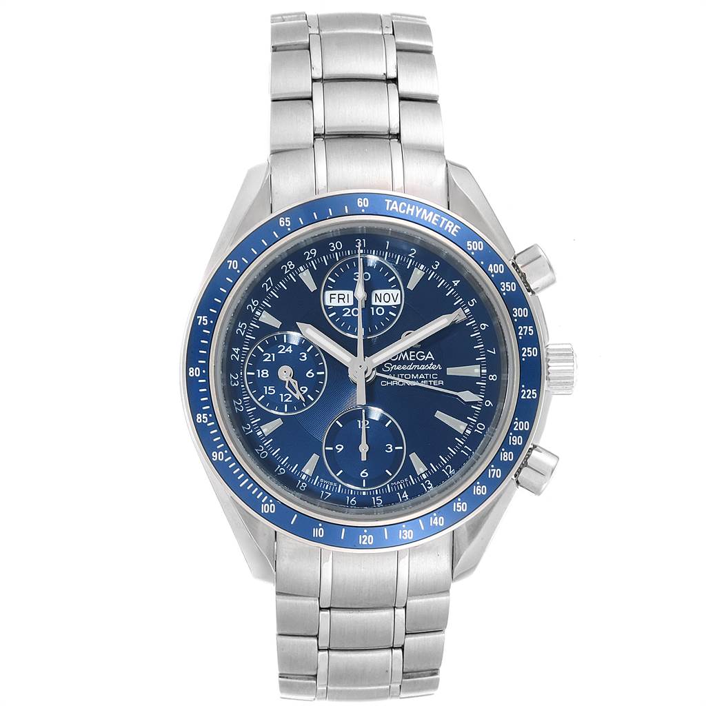 The Omega Speedmaster 3222.80.00 Men
s Stainless Steel Blue Dial 3222.80.00 Men
s Stainless Steel Blue Dial watch is shown from a front angle, displaying its face, dials, and stainless steel bracelet.