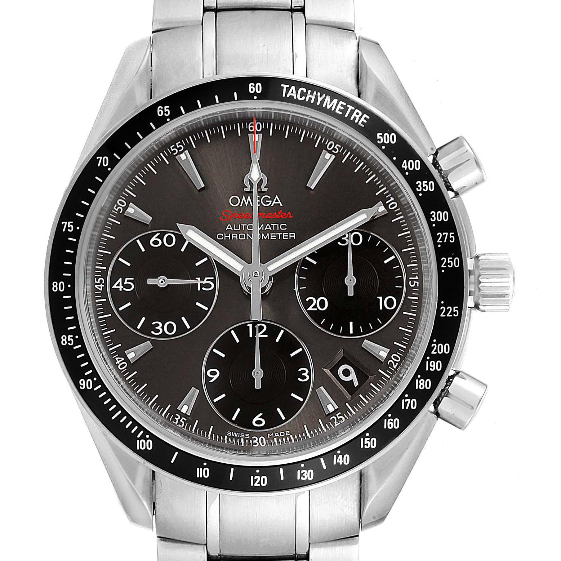 The image shows a frontal view of the Omega Speedmaster 323.30.40.40.06.001 Men
s Stainless Steel Grey Dial 323.30.40.40.06.001 Men
s Stainless Steel Grey Dial watch, highlighting its face, bezel, subdials, and stainless steel bracelet.
