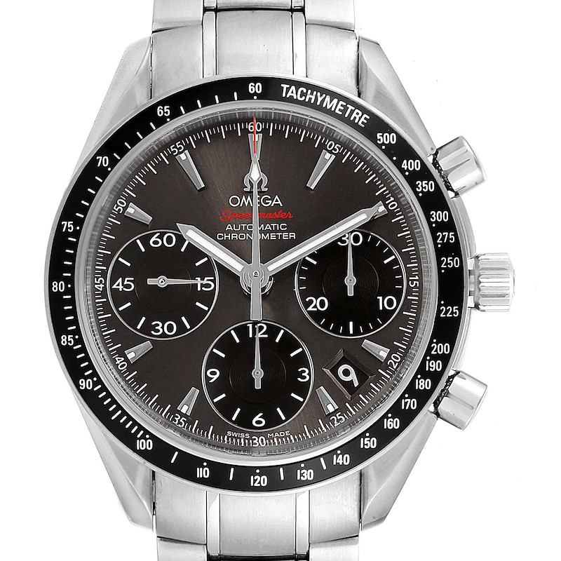 The image shows a frontal view of the Omega Speedmaster watch, highlighting its face, bezel, subdials, and stainless steel bracelet.