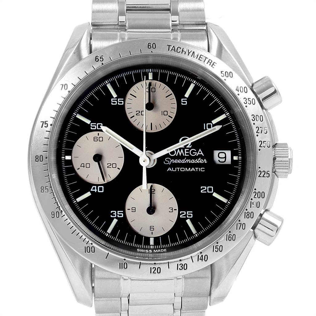 The image shows a front view of an Omega Speedmaster 3511.50.00 Men
s Stainless Steel Black Dial 3511.50.00 Men
s Stainless Steel Black Dial watch, displaying its dial, bezel, pushers, and crown.
