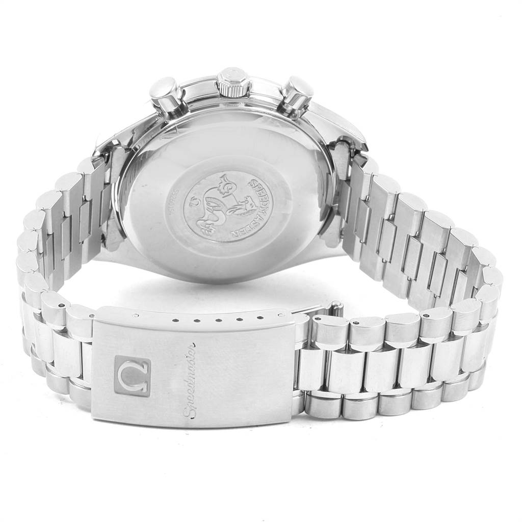 The image shows the back case and bracelet clasp of an Omega Speedmaster 3511.50.00 Men
s Stainless Steel Black Dial 3511.50.00 Men
s Stainless Steel Black Dial watch, viewed from the rear.