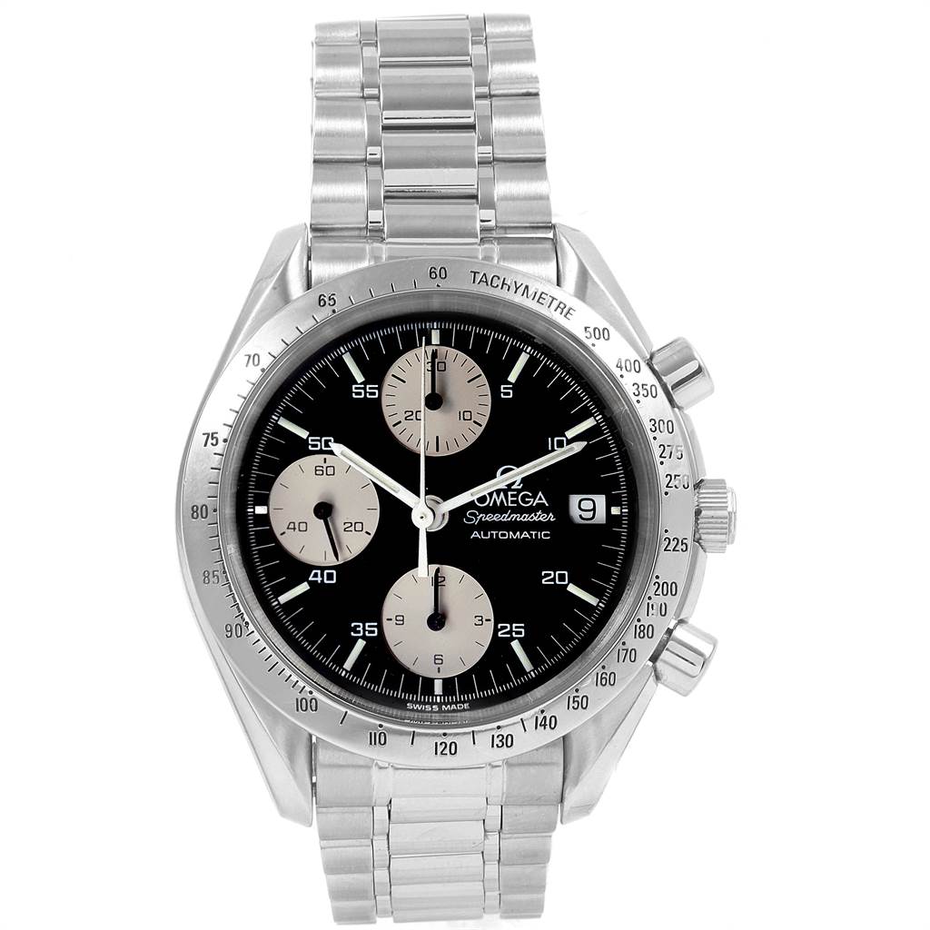 This image shows a front view of an Omega Speedmaster 3511.50.00 Men
s Stainless Steel Black Dial 3511.50.00 Men
s Stainless Steel Black Dial watch, displaying its dial, subdials, bracelet, and tachymeter bezel.