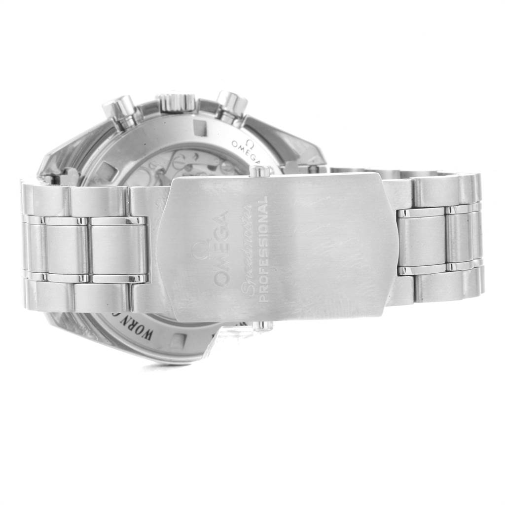 The image shows the back and clasp of an Omega Speedmaster 3573.50.00 Men's Stainless Steel Black Dial 3573.50.00 Men's Stainless Steel Black Dial Professional watch, with its stainless steel bracelet visible.
