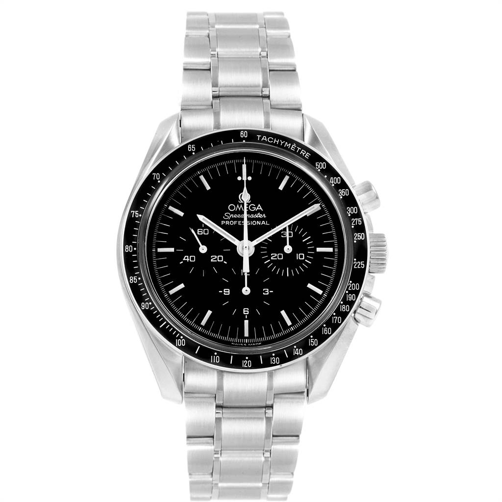 This image shows a front view of the Omega Speedmaster 3573.50.00 Men's Stainless Steel Black Dial 3573.50.00 Men's Stainless Steel Black Dial watch, displaying its face, bezel, case, and metal bracelet.