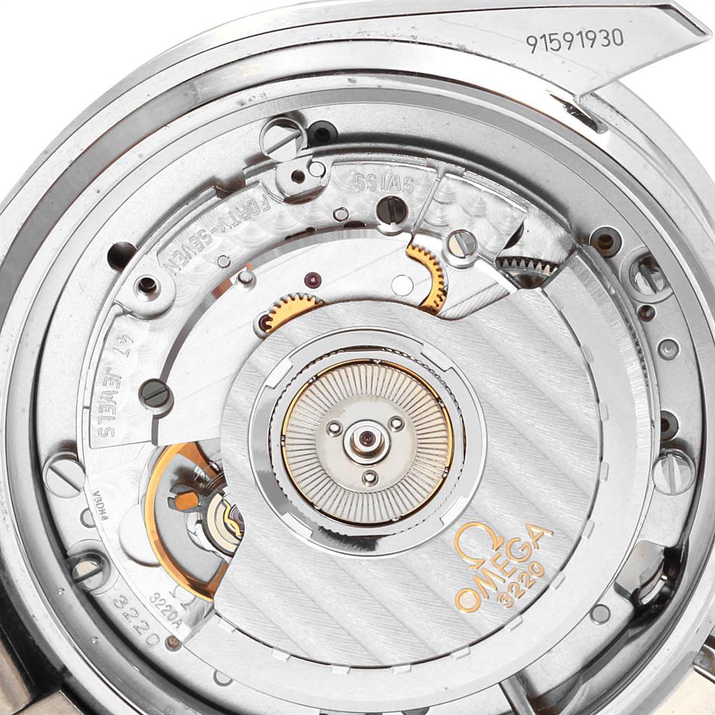 This image shows a detailed view of the movement mechanism of an Omega Speedmaster 3539.50.00 Men
s Stainless Steel Black Dial 3539.50.00 Men
s Stainless Steel Black Dial watch.