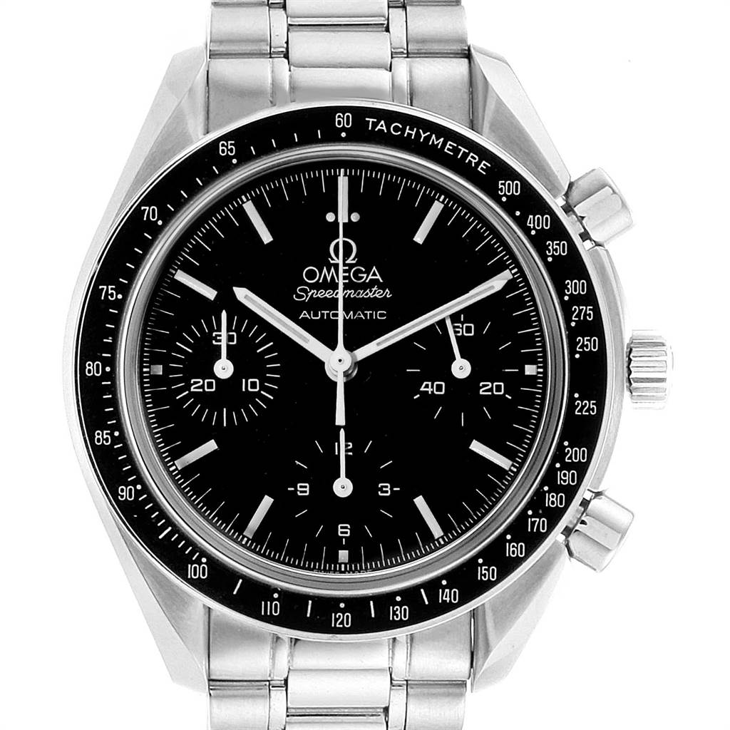 This Omega Speedmaster 3539.50.00 Men
s Stainless Steel Black Dial 3539.50.00 Men
s Stainless Steel Black Dial watch is shown from the front, highlighting its black dial, tachymeter bezel, and stainless steel bracelet.