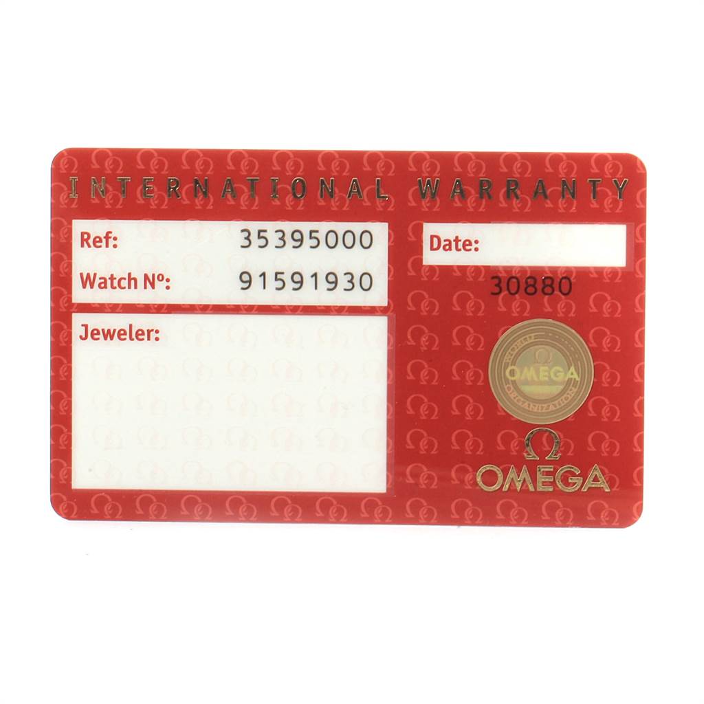 This image shows the international warranty card for an Omega Speedmaster 3539.50.00 Men
s Stainless Steel Black Dial 3539.50.00 Men
s Stainless Steel Black Dial watch.