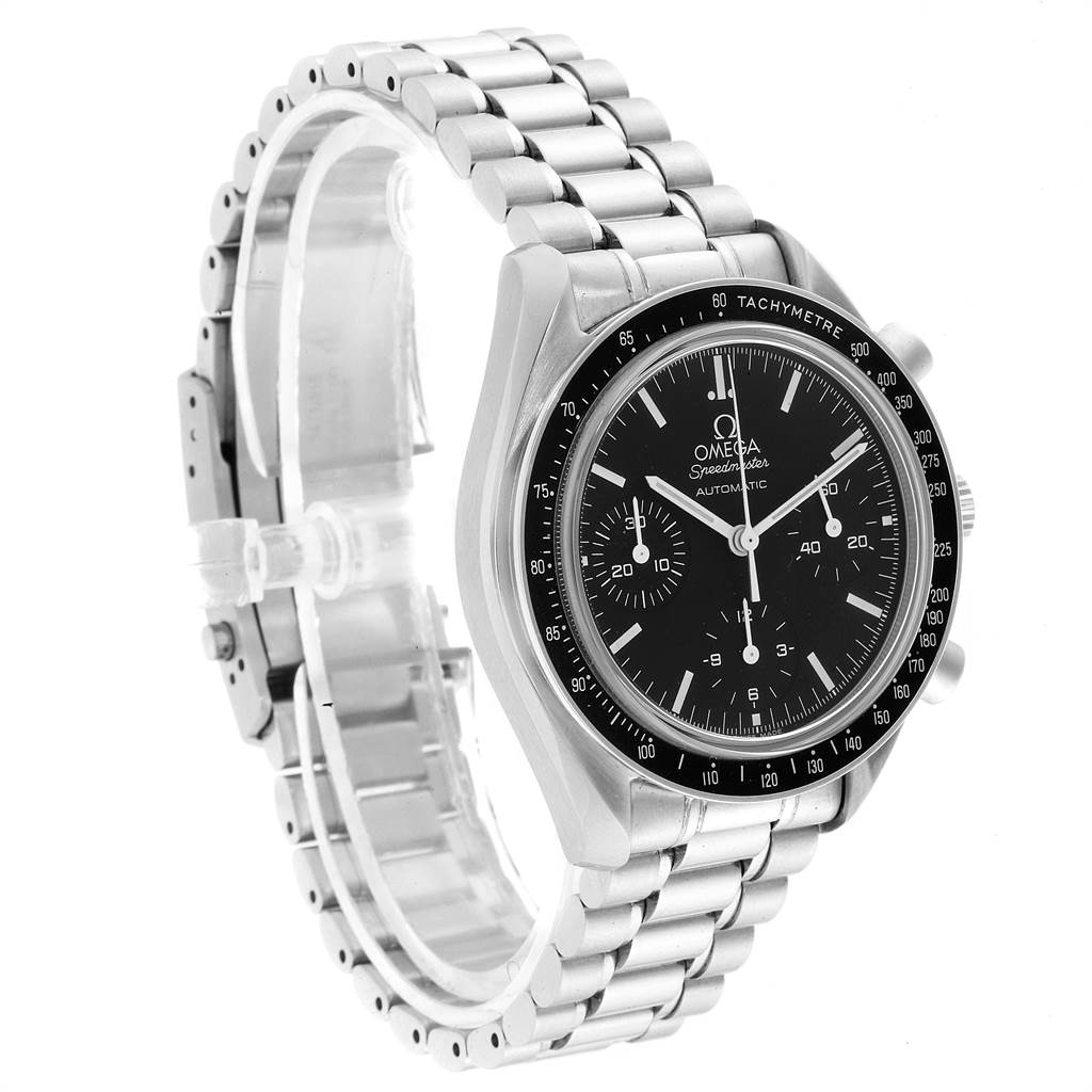 The image shows a three-quarter angle view of the Omega Speedmaster 3539.50.00 Men
s Stainless Steel Black Dial 3539.50.00 Men
s Stainless Steel Black Dial watch, highlighting its face and stainless steel bracelet.