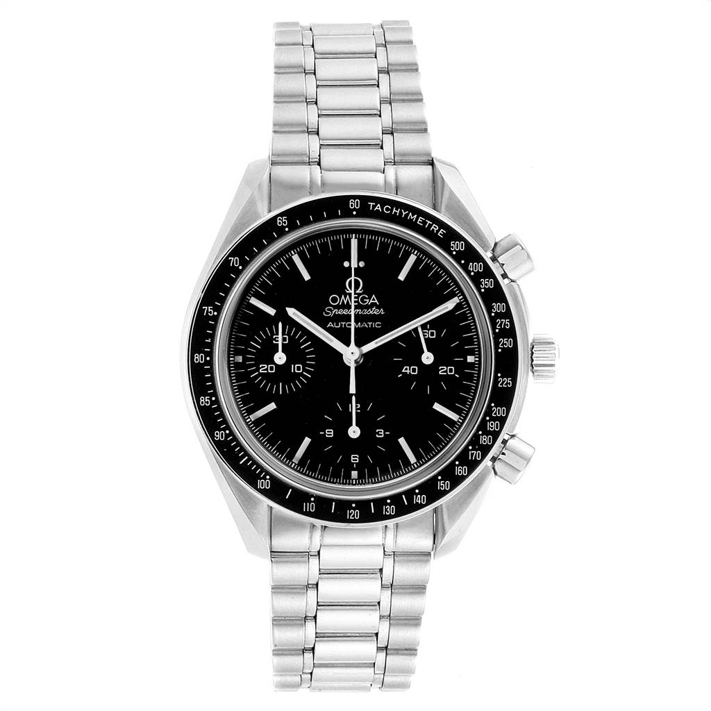 The image shows a front view of an Omega Speedmaster 3539.50.00 Men
s Stainless Steel Black Dial 3539.50.00 Men
s Stainless Steel Black Dial watch highlighting the face, bezel, pushers, and stainless steel bracelet.