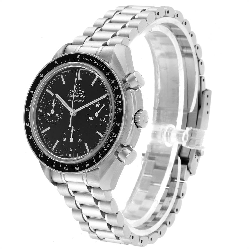 The image shows an angled view of an Omega Speedmaster 3539.50.00 Men
s Stainless Steel Black Dial 3539.50.00 Men
s Stainless Steel Black Dial watch displaying the face, case, crown, pushers, and bracelet.