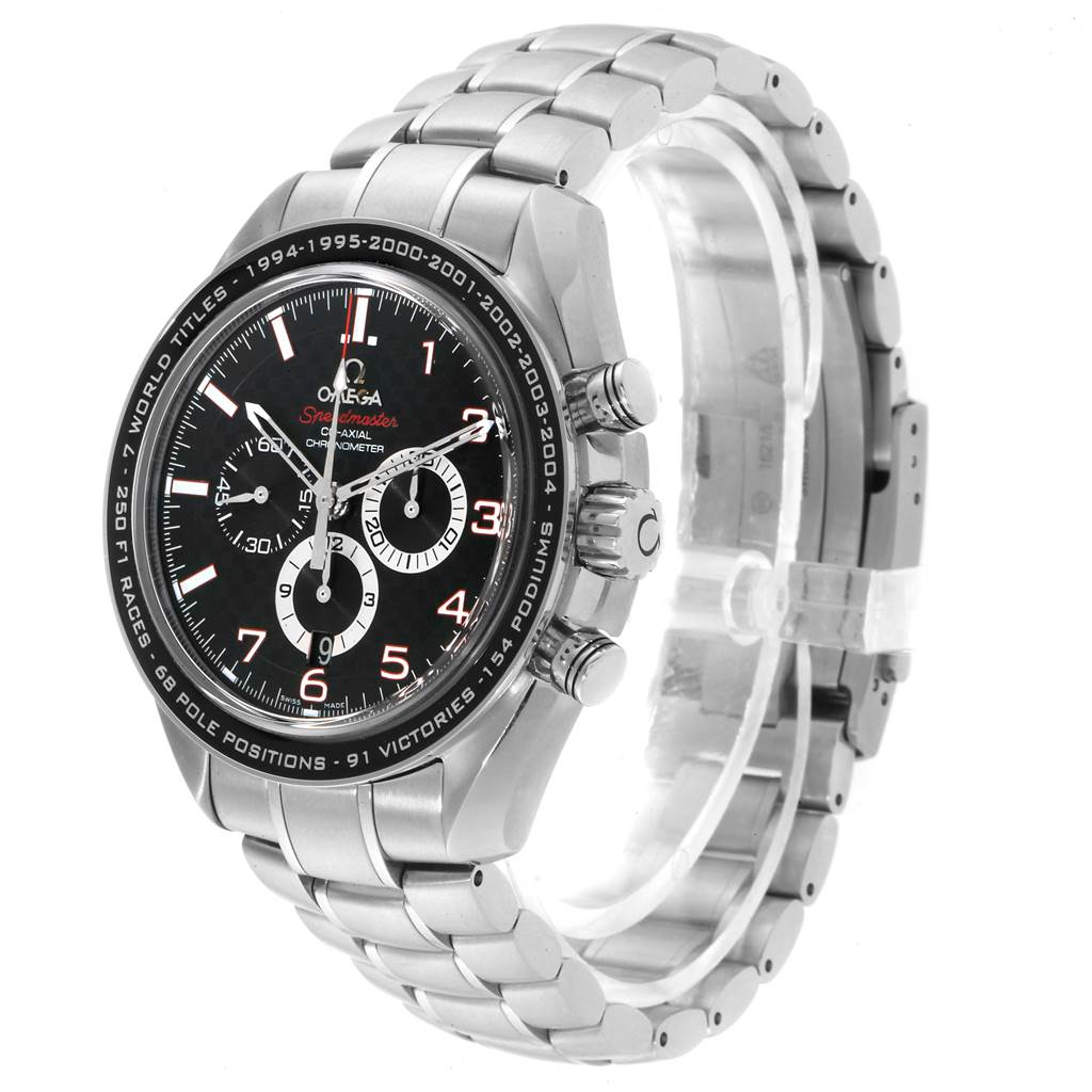 The image shows an Omega Speedmaster 321.32.44.50.01.001 Men
s Stainless Steel Black Dial 321.32.44.50.01.001 Men
s Stainless Steel Black Dial watch at a three-quarter angle, displaying its bezel, dial, pushers, and bracelet.