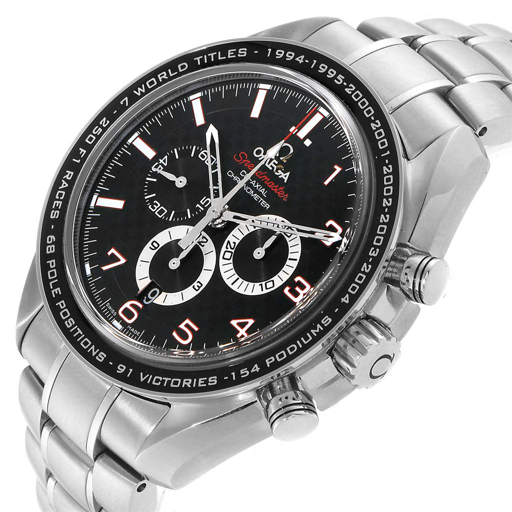 This image shows a close-up of the Omega Speedmaster 321.32.44.50.01.001 Men
s Stainless Steel Black Dial 321.32.44.50.01.001 Men
s Stainless Steel Black Dial watch face and side view, detailing the chronograph, crown, and pushers.