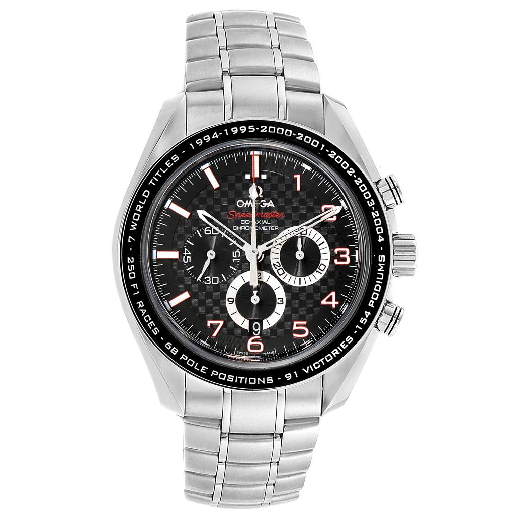 The image shows a frontal view of an Omega Speedmaster 321.32.44.50.01.001 Men
s Stainless Steel Black Dial 321.32.44.50.01.001 Men
s Stainless Steel Black Dial watch, focusing on its dial and stainless steel bracelet.