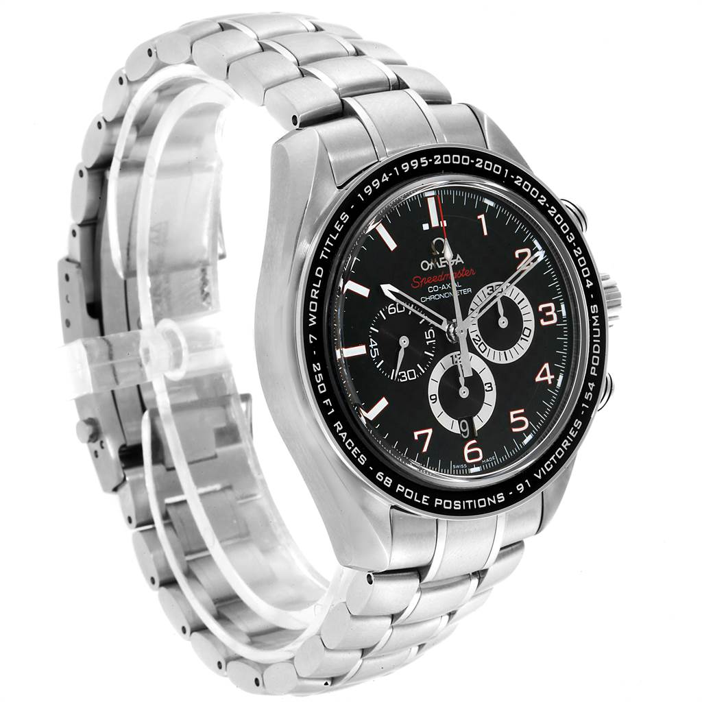 The image shows a front angled view of the Omega Speedmaster 321.32.44.50.01.001 Men
s Stainless Steel Black Dial 321.32.44.50.01.001 Men
s Stainless Steel Black Dial watch, highlighting its metal bracelet, bezel, and dial.