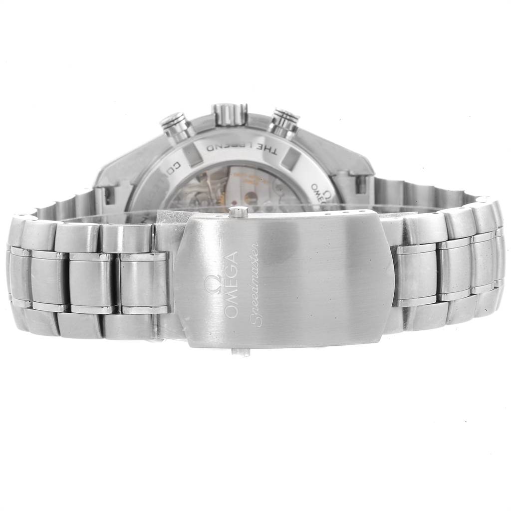 This image shows the Omega Speedmaster 321.32.44.50.01.001 Men
s Stainless Steel Black Dial 321.32.44.50.01.001 Men
s Stainless Steel Black Dial
s bracelet and deployant clasp from the back view.