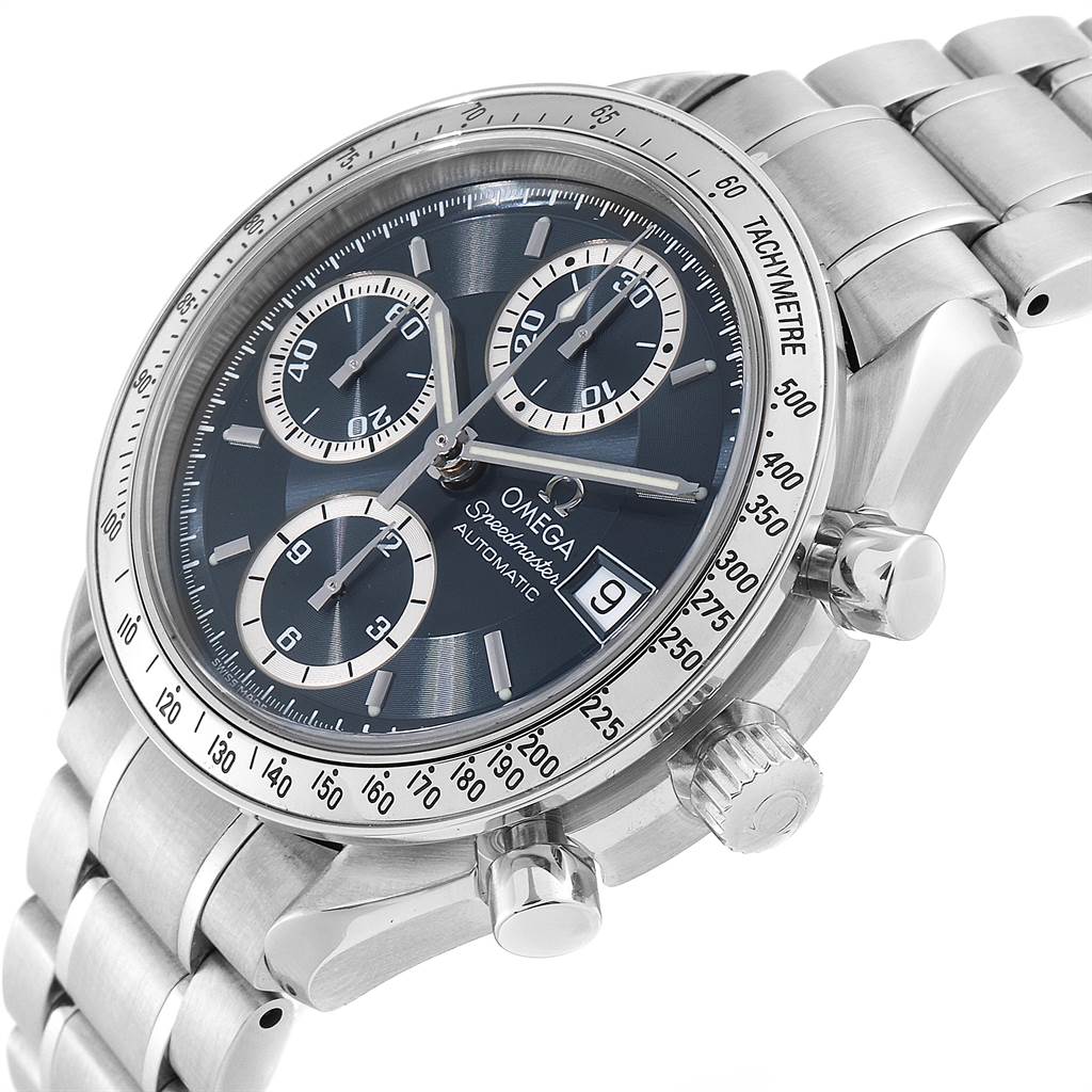 The image shows an Omega Speedmaster 3513.46.00 Men
s Stainless Steel Blue Dial 3513.46.00 Men
s Stainless Steel Blue Dial watch at an angled close-up, highlighting its dial, pushers, crown, and bracelet.