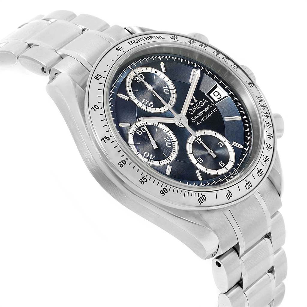 The image shows an Omega Speedmaster 3513.46.00 Men
s Stainless Steel Blue Dial 3513.46.00 Men
s Stainless Steel Blue Dial watch from a side angle, highlighting its dial, subdials, bezel, and metal bracelet.