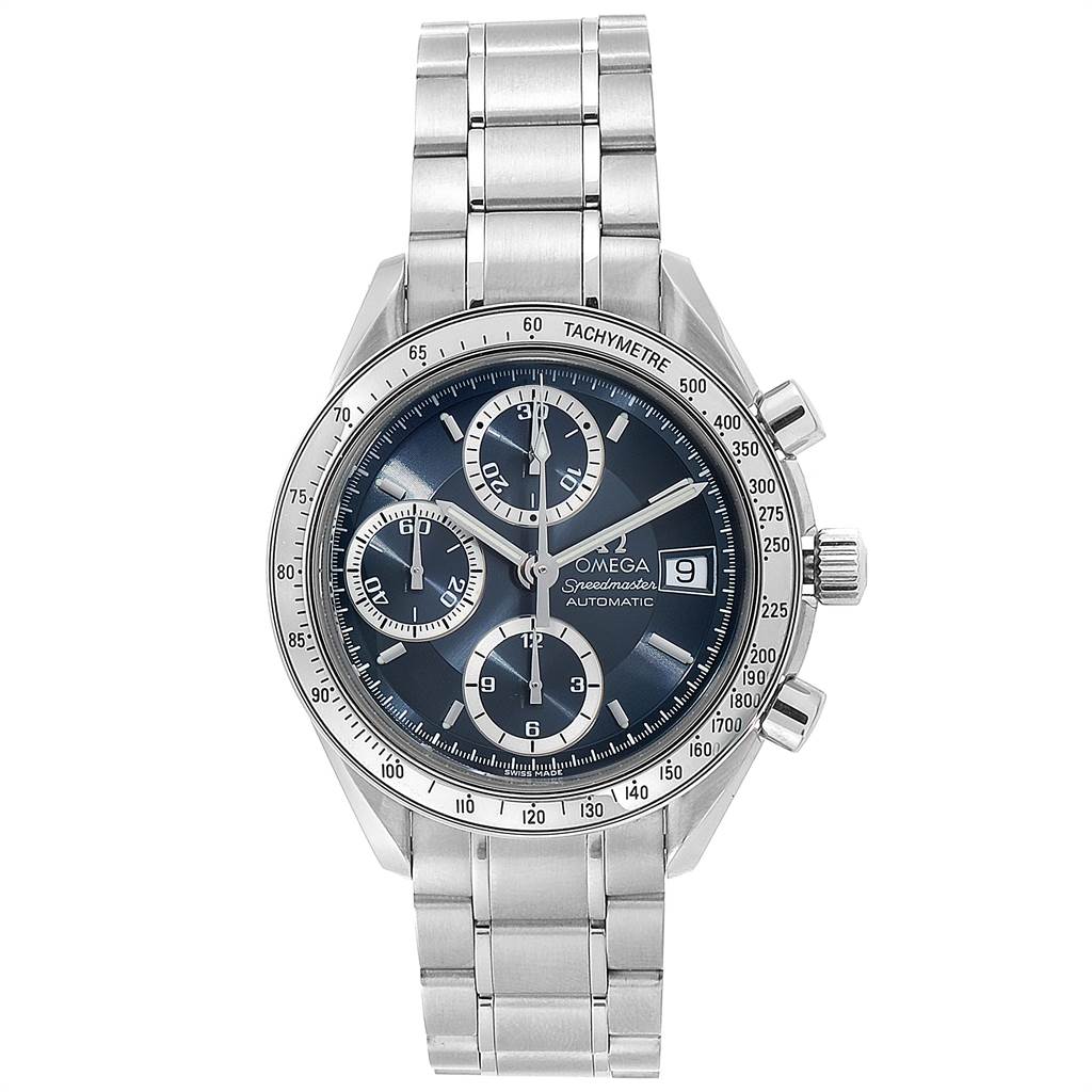 This is a frontal view of an Omega Speedmaster 3513.46.00 Men
s Stainless Steel Blue Dial 3513.46.00 Men
s Stainless Steel Blue Dial watch showing the dial, subdials, date window, and stainless steel bracelet.