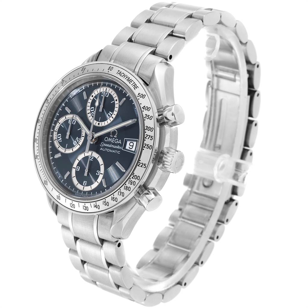 This image shows an Omega Speedmaster 3513.46.00 Men
s Stainless Steel Blue Dial 3513.46.00 Men
s Stainless Steel Blue Dial watch from an angled perspective, highlighting the dial, bezel, bracelet, and side pushers.