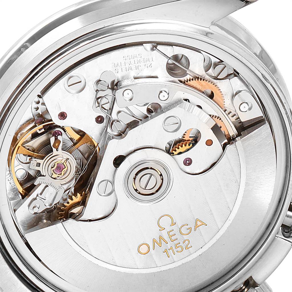 The image shows the internal mechanical movement of an Omega Speedmaster 3513.46.00 Men
s Stainless Steel Blue Dial 3513.46.00 Men
s Stainless Steel Blue Dial watch, featuring intricate gears and the Omega branding.