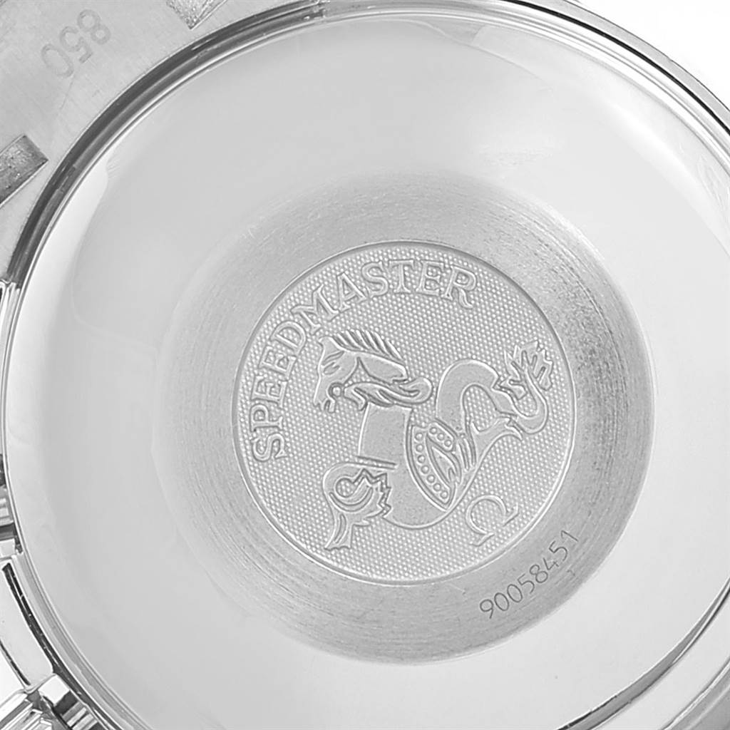 This image shows the engraved back case of an Omega Speedmaster 3513.46.00 Men
s Stainless Steel Blue Dial 3513.46.00 Men
s Stainless Steel Blue Dial watch, displaying the logo and model name.