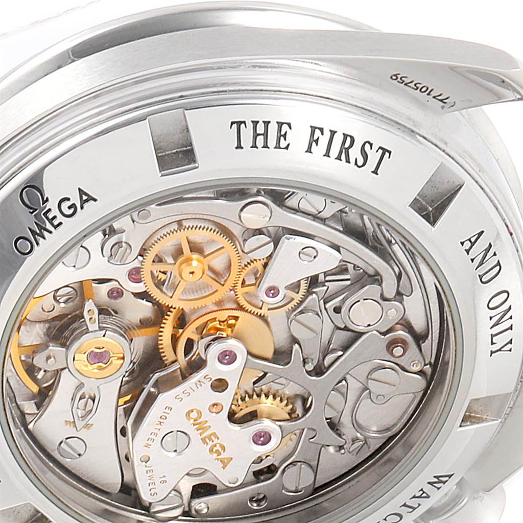 This image shows the intricate, open caseback of an Omega Speedmaster 3573.50.00 Men
s Stainless Steel Black Dial 3573.50.00 Men
s Stainless Steel Black Dial, displaying the internal mechanical movements and gears.