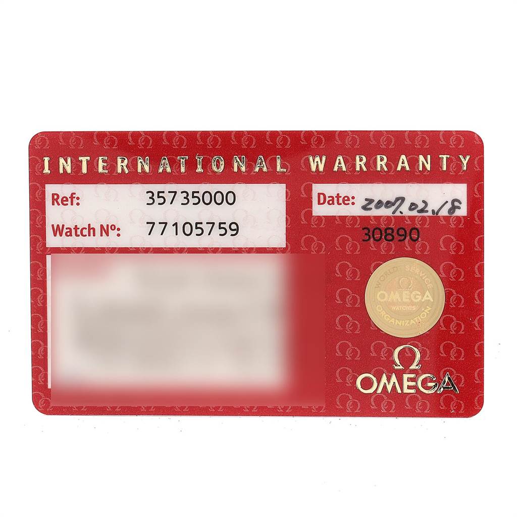 The image shows the international warranty card for an Omega Speedmaster 3573.50.00 Men
s Stainless Steel Black Dial 3573.50.00 Men
s Stainless Steel Black Dial watch, featuring the reference number, watch number, and date.