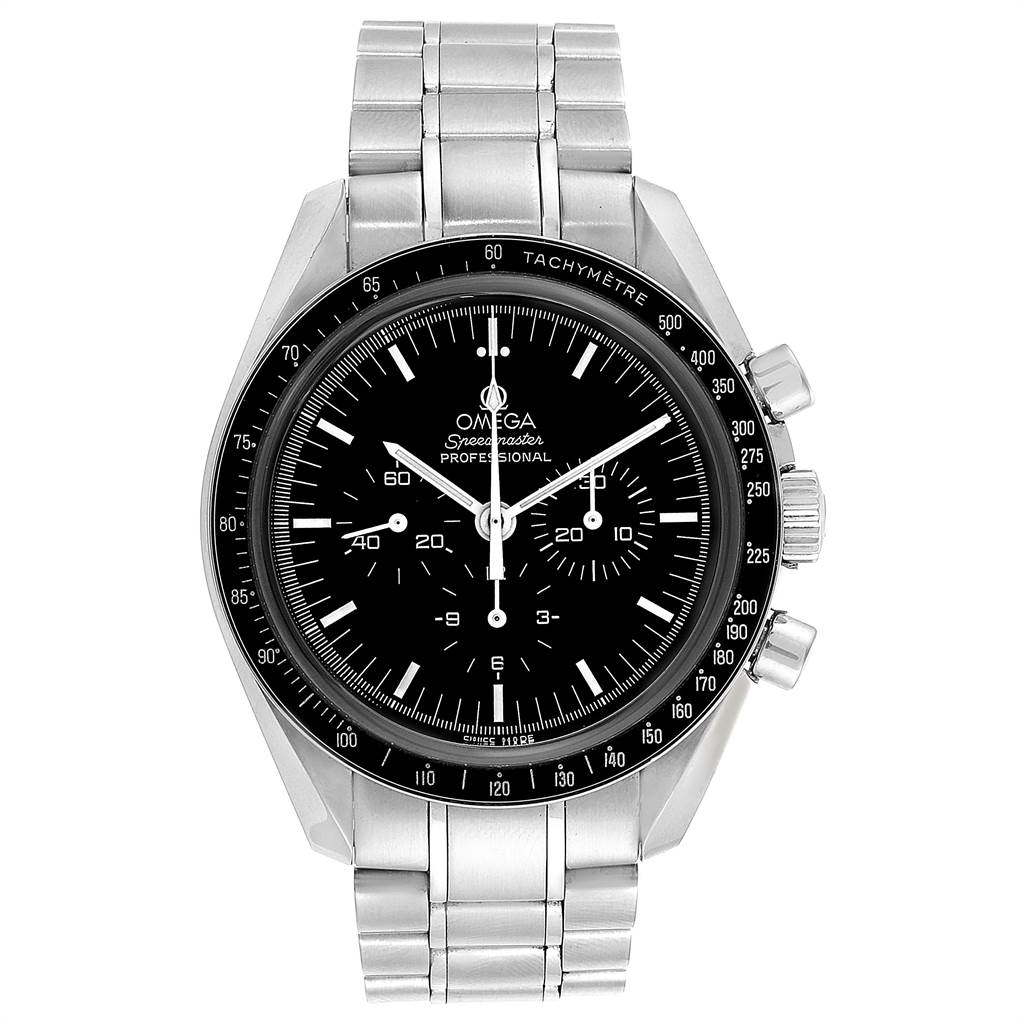 The image shows a front view of the Omega Speedmaster 3573.50.00 Men
s Stainless Steel Black Dial 3573.50.00 Men
s Stainless Steel Black Dial watch, displaying the dial, bezel, and stainless steel bracelet.