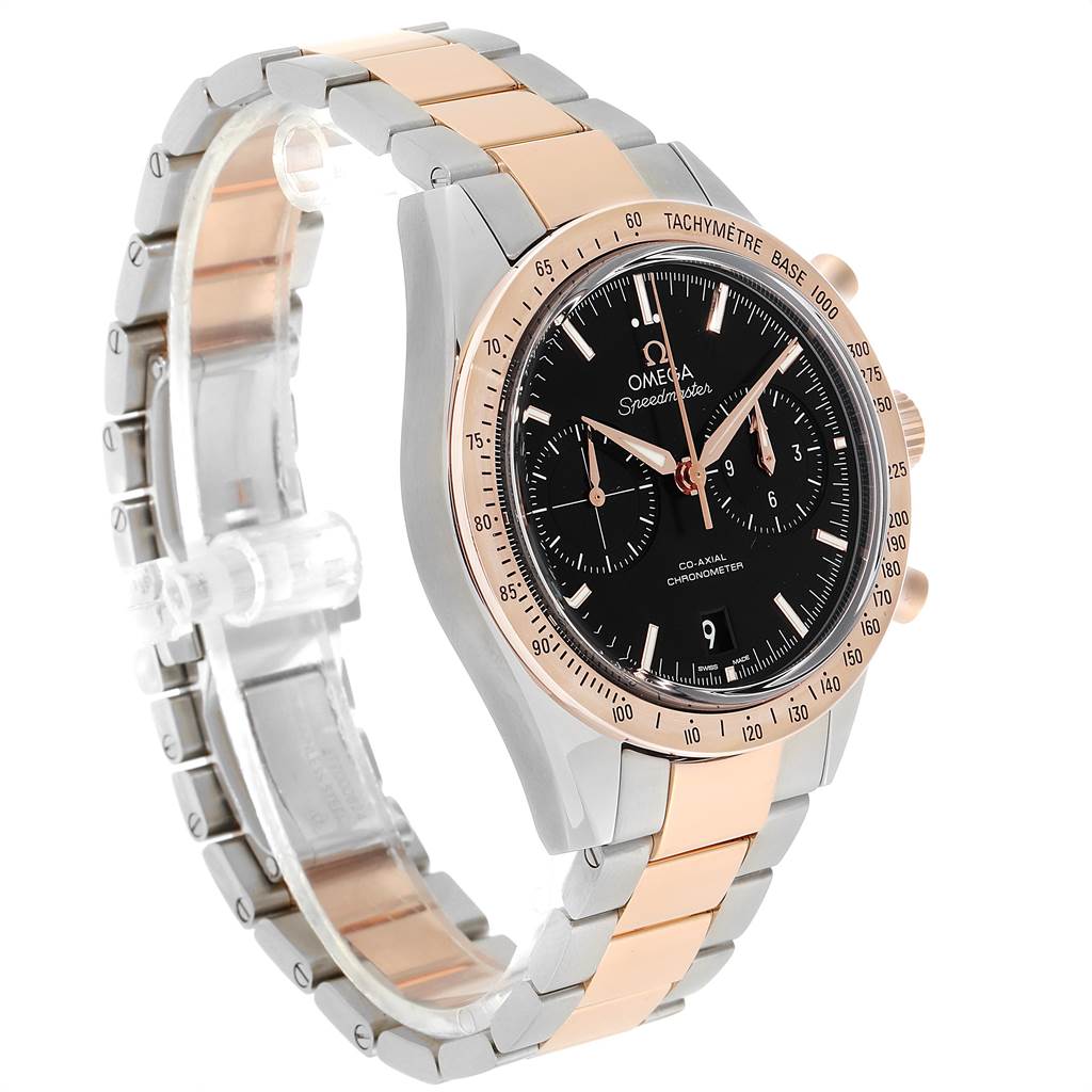 The Omega Speedmaster 331.20.42.51.01.002 Men's Steel and Gold (two tone) Black Dial 331.20.42.51.01.002 Men's Steel and Gold (two tone) Black Dial watch is shown at a three-quarter angle, displaying the face, bezel, and bracelet.