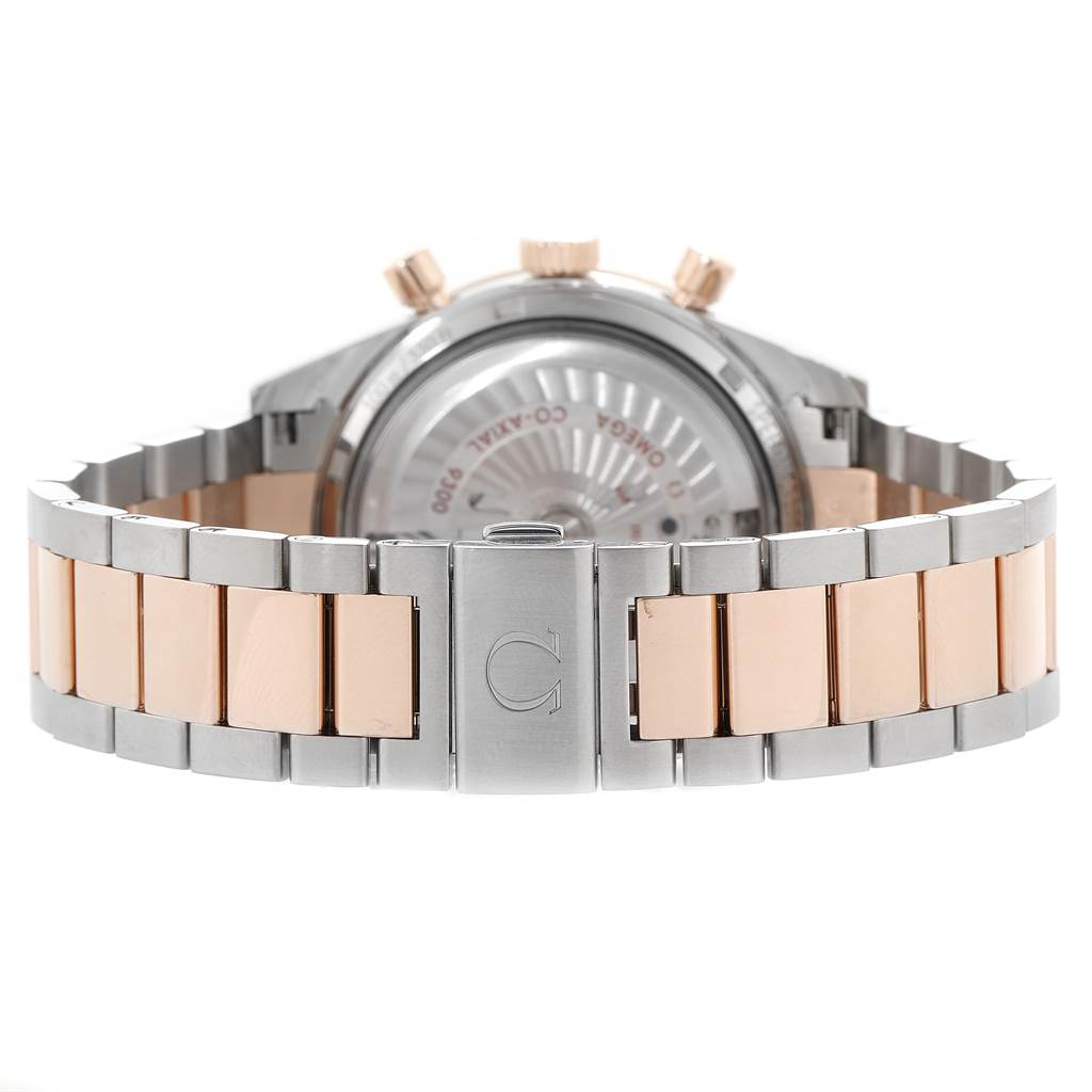 This image shows the Omega Speedmaster 331.20.42.51.01.002 Men's Steel and Gold (two tone) Black Dial 331.20.42.51.01.002 Men's Steel and Gold (two tone) Black Dial watch from the back, highlighting the case back, clasp, and stainless steel and rose gold bracelet.