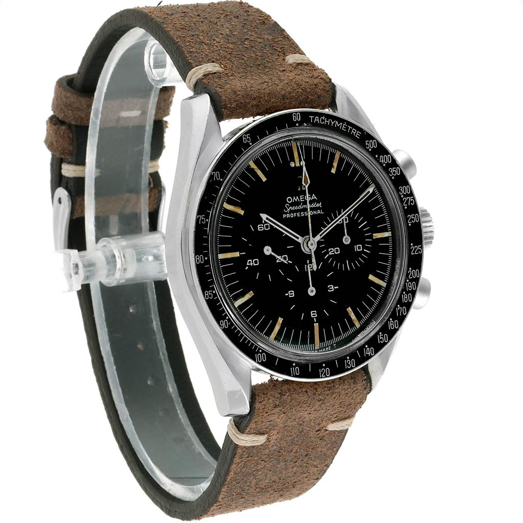 The image shows an Omega Speedmaster 145.012 Men's Stainless Steel Black Dial 145.012 Men's Stainless Steel Black Dial watch at an angled side view, featuring its dial, bezel, pushers, crown, and leather strap.