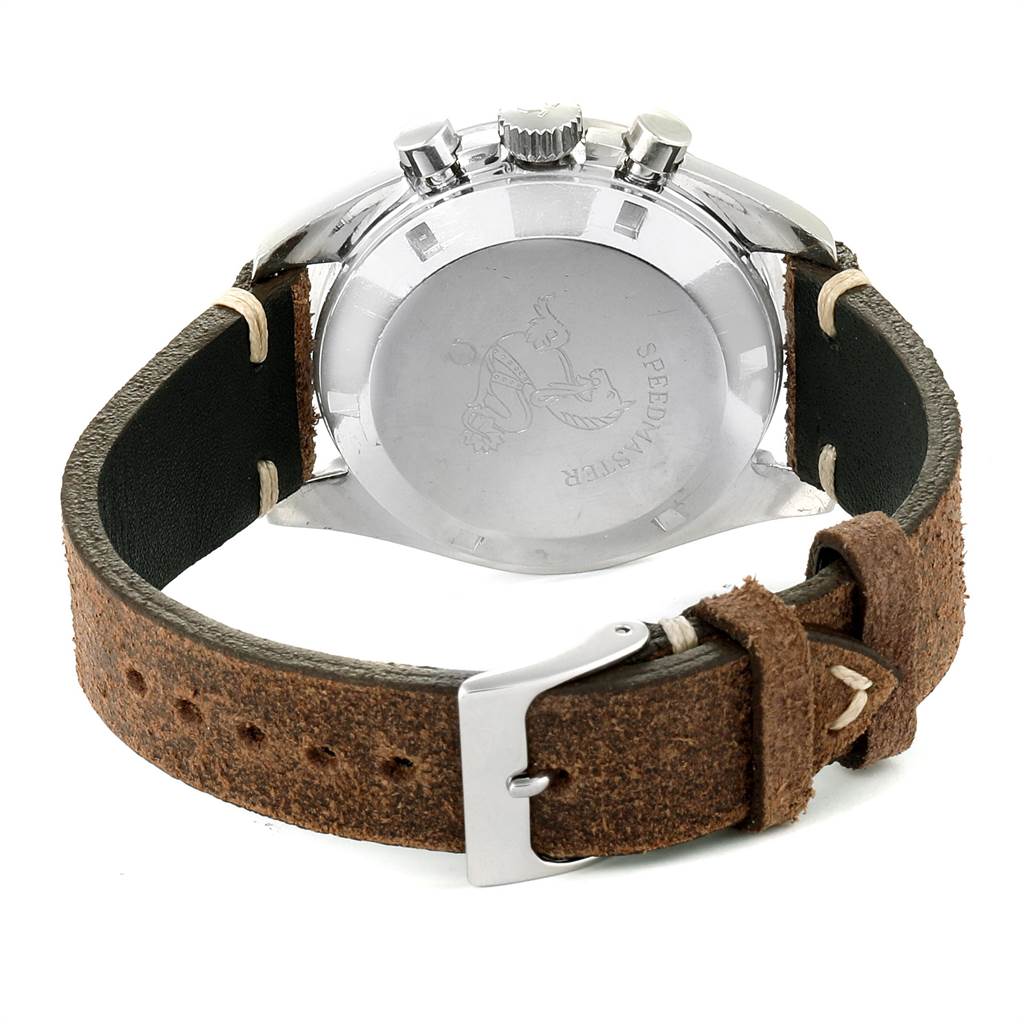 The image shows the back case and buckle of an Omega Speedmaster 145.012 Men's Stainless Steel Black Dial 145.012 Men's Stainless Steel Black Dial watch with a brown leather strap.