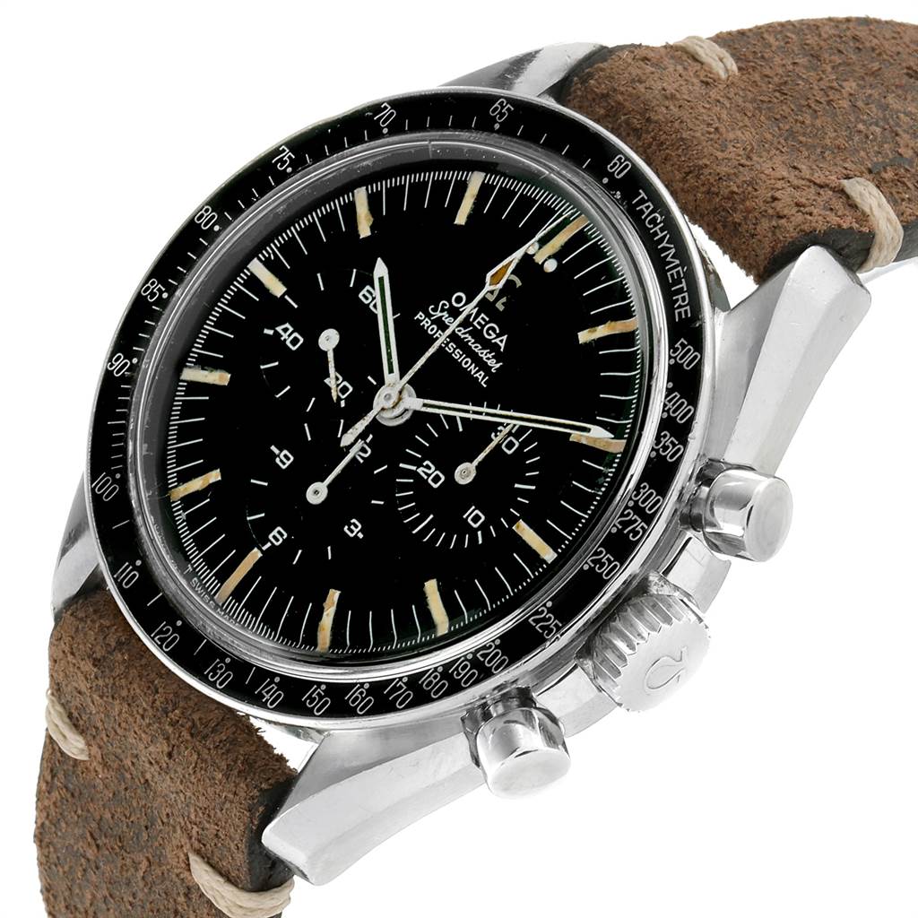 The Omega Speedmaster 145.012 Men's Stainless Steel Black Dial 145.012 Men's Stainless Steel Black Dial watch is shown at a slight angle, displaying its dial, chronograph subdials, bezel, pushers, and leather strap.