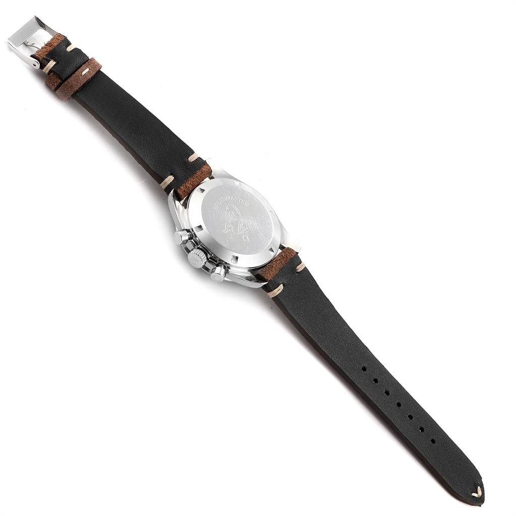 The image shows the back view of an Omega Speedmaster 145.012 Men's Stainless Steel Black Dial 145.012 Men's Stainless Steel Black Dial watch with a leather strap and stainless steel case back.