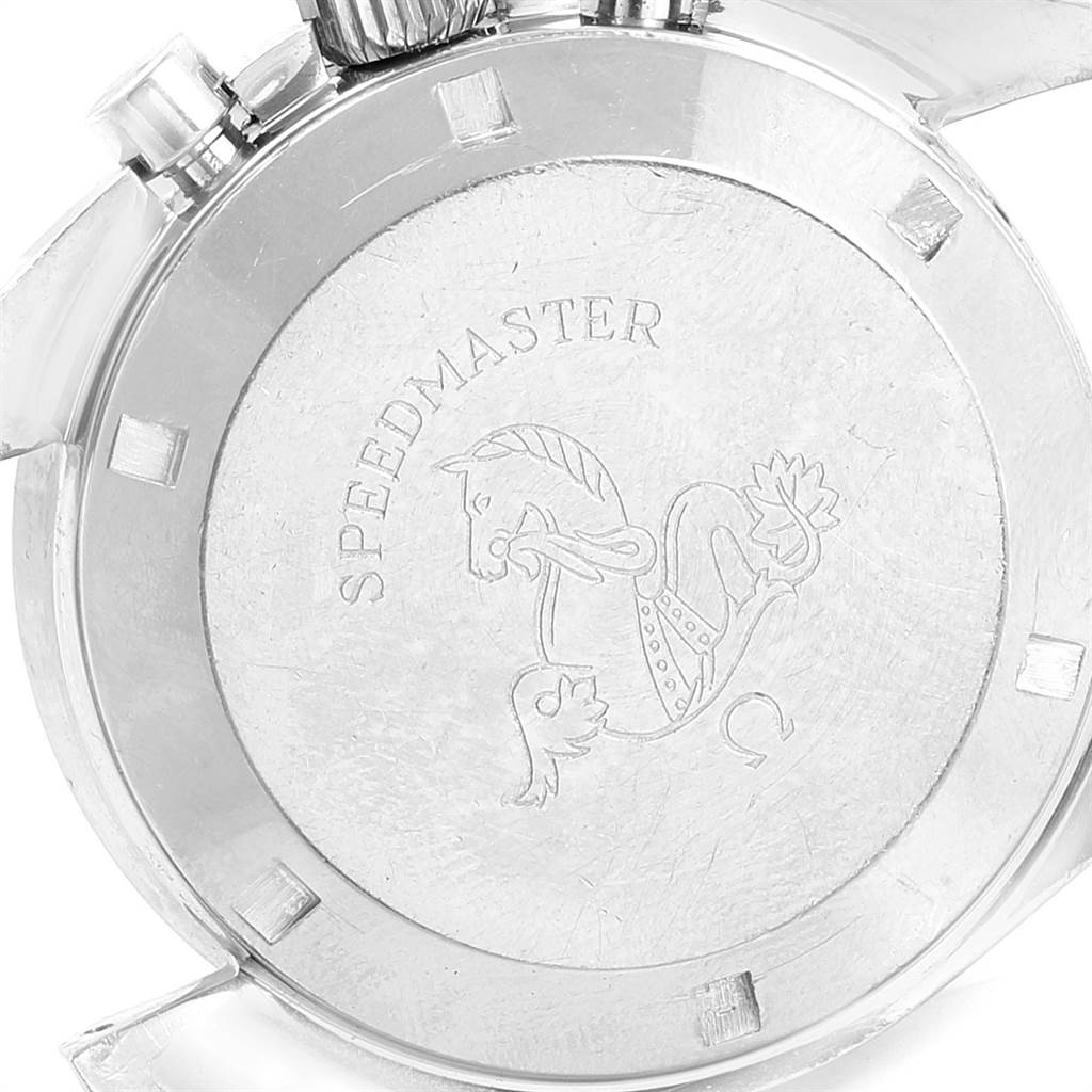 The image shows the back case of an Omega Speedmaster 145.012 Men's Stainless Steel Black Dial 145.012 Men's Stainless Steel Black Dial watch, featuring engraved branding and a seahorse image.