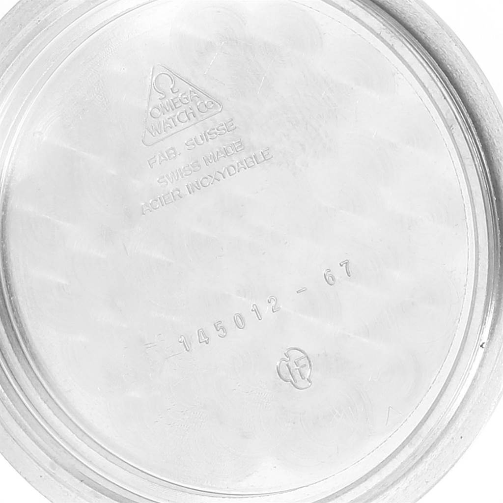 This image shows the inner case back of an Omega Speedmaster 145.012 Men's Stainless Steel Black Dial 145.012 Men's Stainless Steel Black Dial watch at a straight-on angle.